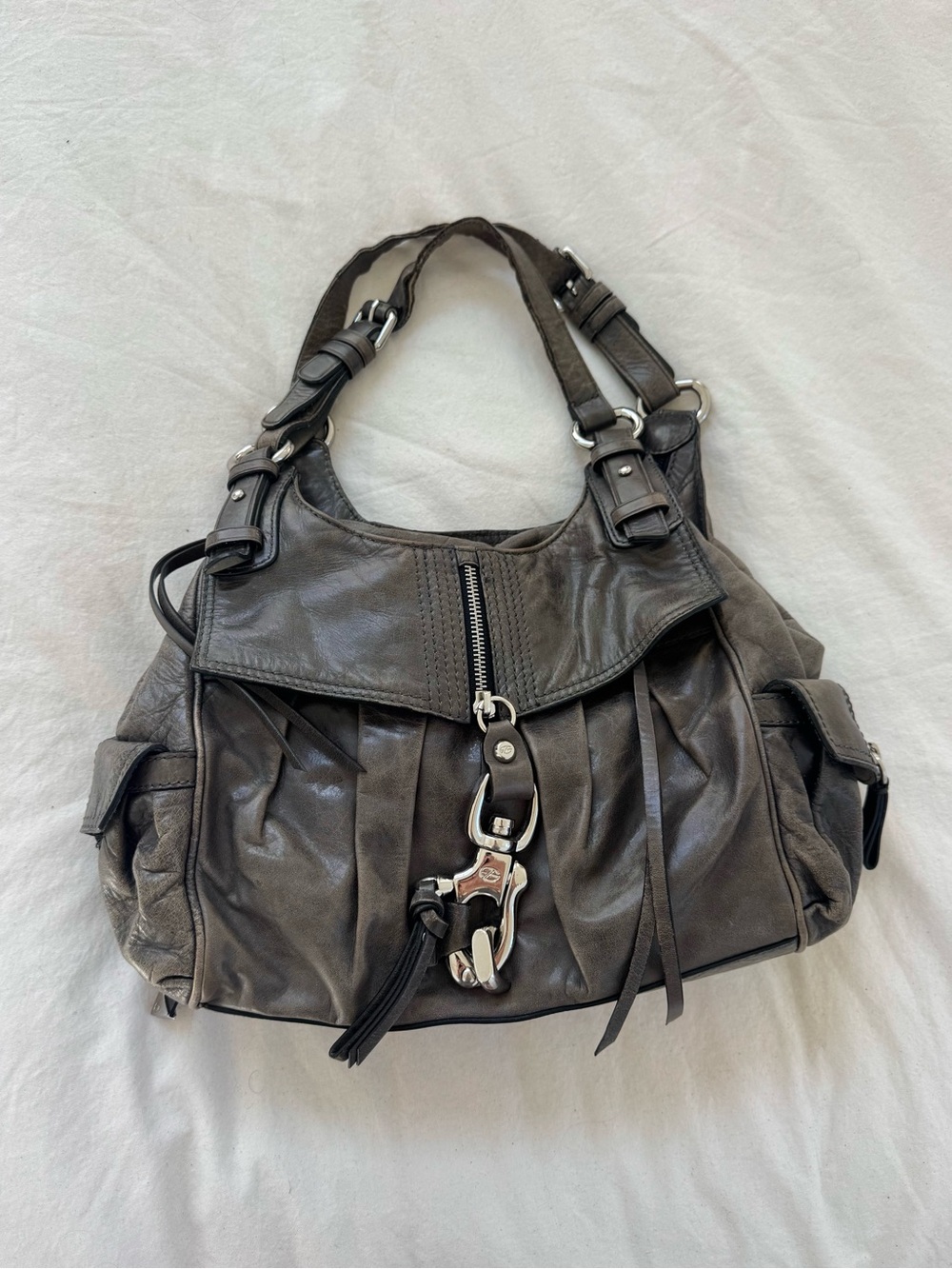 Francesco Biasia grey leather soft leather bag with silver hardware